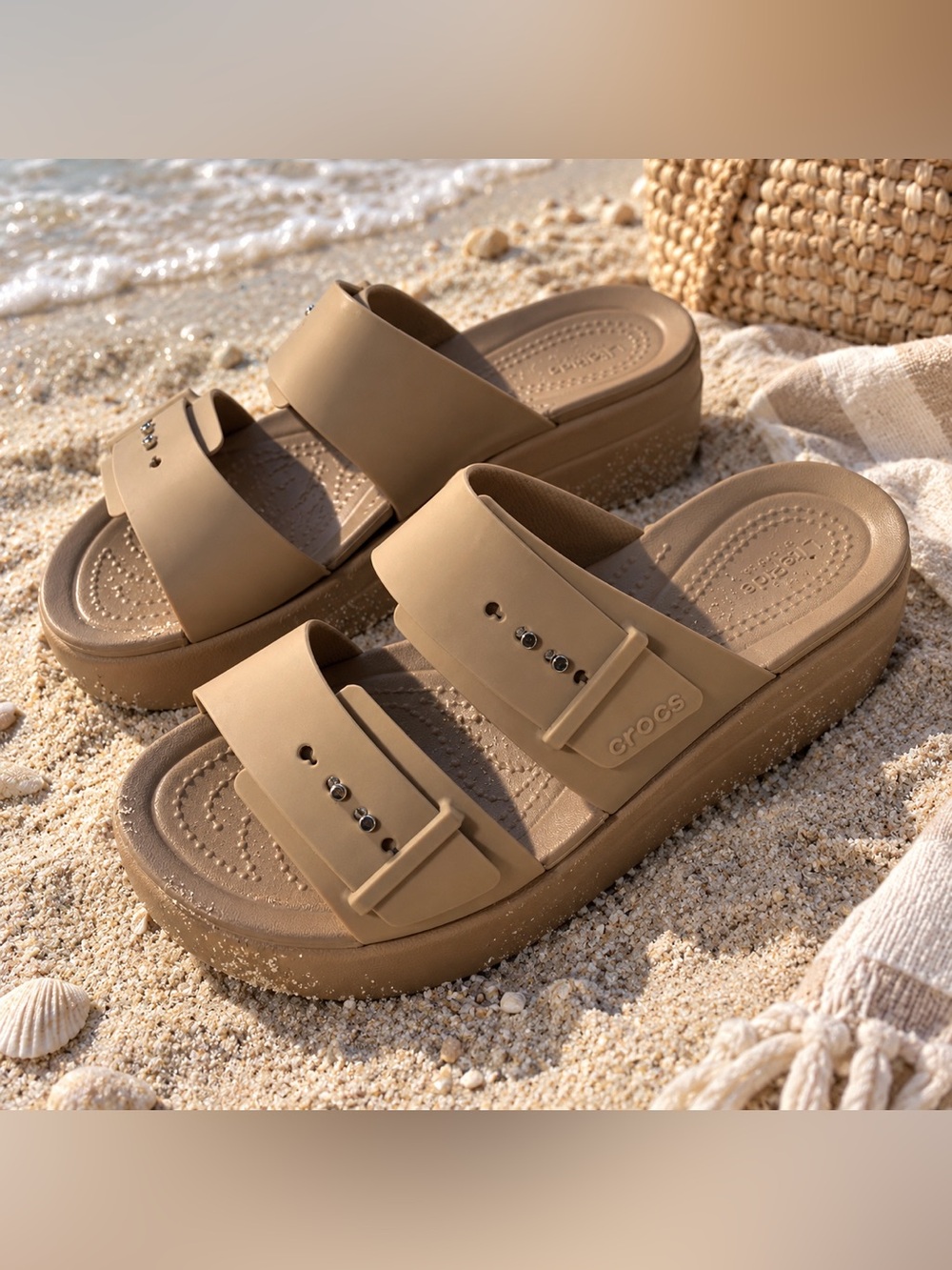 CROCS Brooklyn buckle low wedge  lite ride sandals latte 9